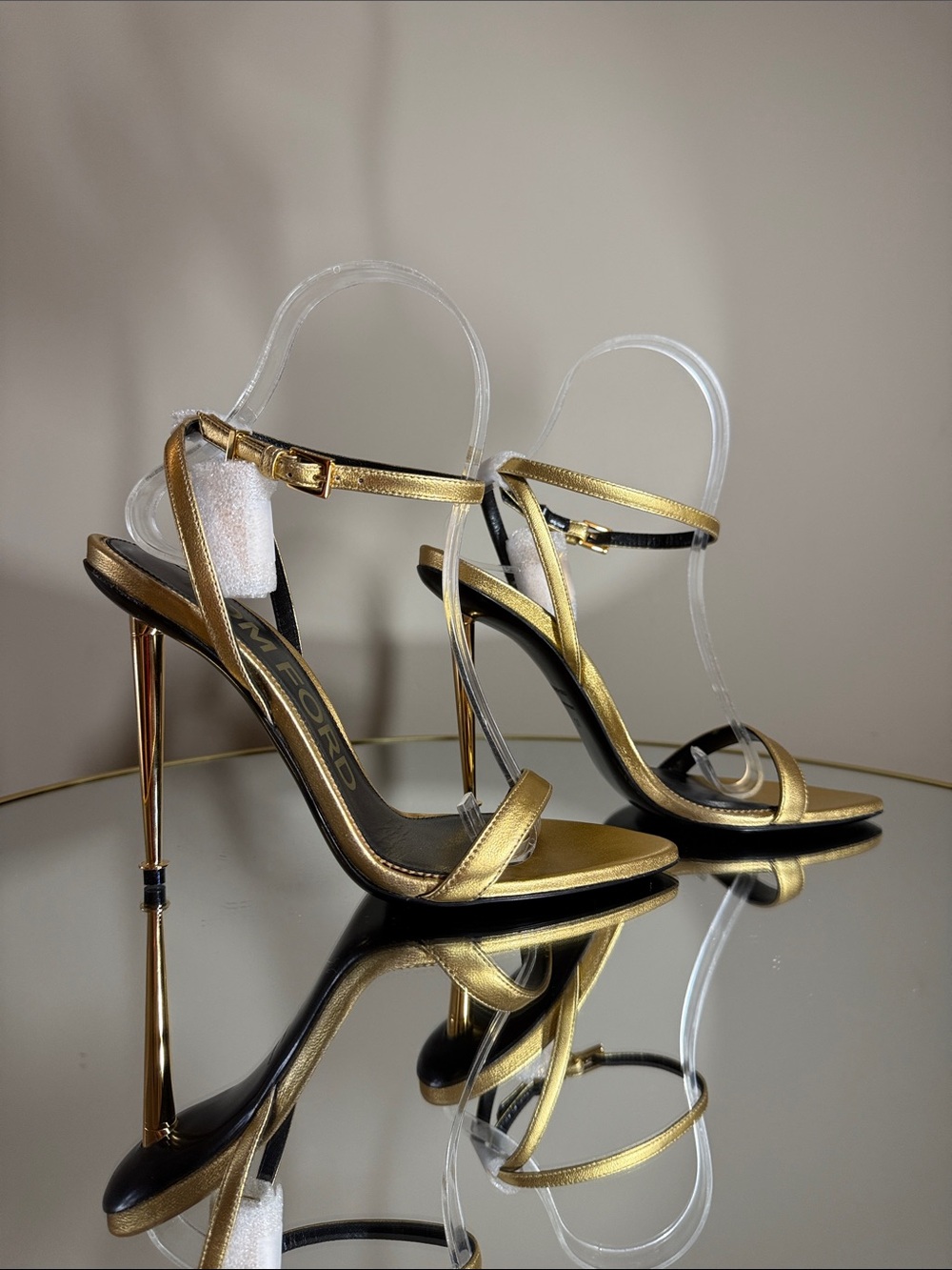 Tom Ford Padlock Naked 105 Gold Leather Heeled Sandals Sz 37 - Picture 10 of 17